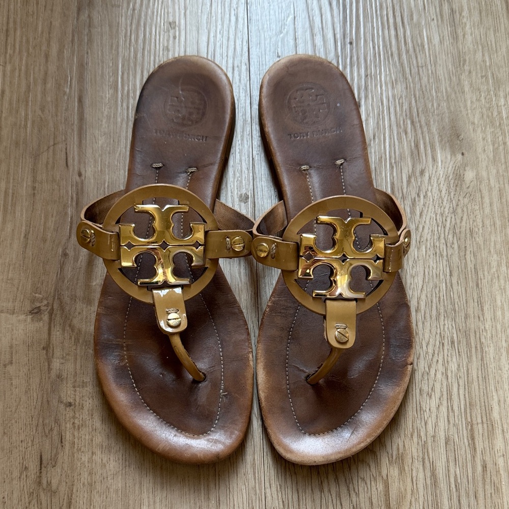 Tory Burch Tan and Gold Logo Sandals